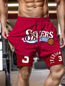 Men's 2-In-1 Basketball Shorts, 76ers Iverson #3 Graphic Workout Shorts with Pocket, Quick-Dry Athletic Running Shorts for Gym Training