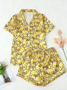 Elegant Satin Short Sleeve Sleepwear Set Pajamas Loungewear, Retro & Floral Print Aesthetic, Y2K Style, Loose Fit, Spring & Fall Wear, Home Comfort