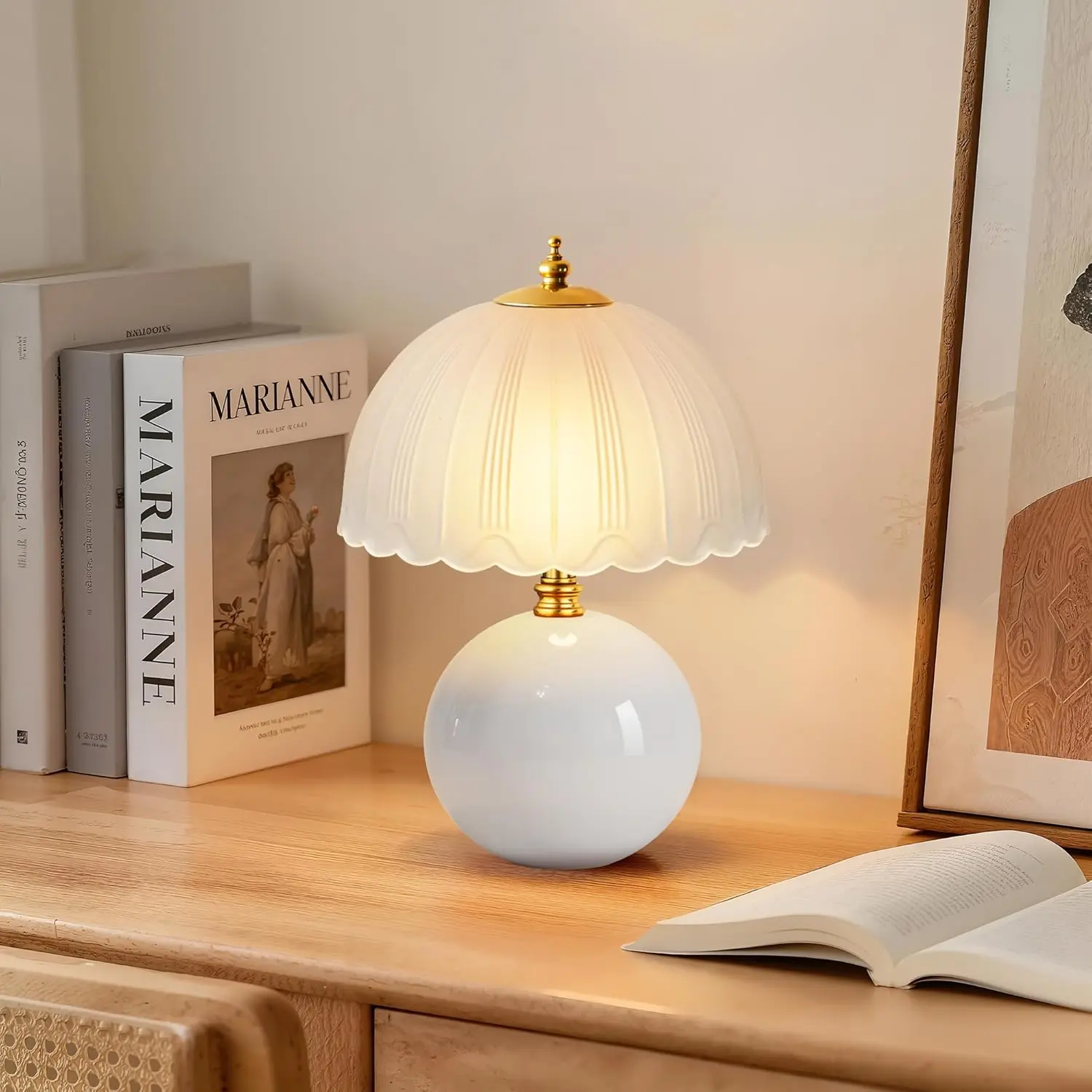 Mushroom Table Lamp, Ceramic Bedside Lamp with Glass Shade, 3-Way Lighting (2700K-5000K) Rocker , Small Nightstand Lamp for Bedroom, Living Room, Office, White