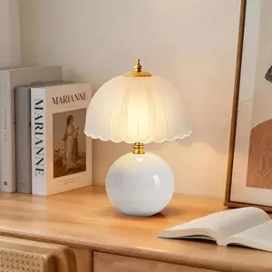 Mushroom Table Lamp, Ceramic Bedside Lamp with Glass Shade, 3-Way Lighting (2700K-5000K) Rocker , Small Nightstand Lamp for Bedroom, Living Room, Office, White