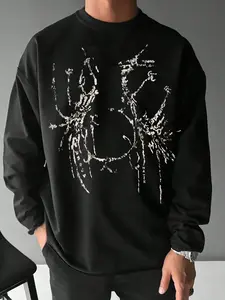 Abstract Spider Web Print Hoodie Unisex Loose Oversized American Street Round Neck Top, Long Sleeve Fitted Graphic Sweatshirt