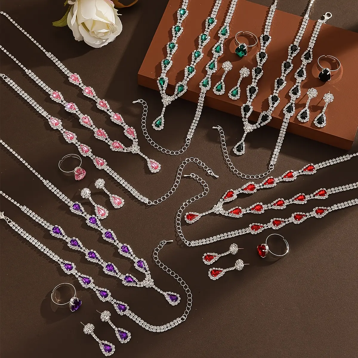 Women's 4-Piece Luxury Water Drop Jewelry Set, Copper-Base with Rhinestone Inlay, Statement Drop Earrings for Party, Wedding