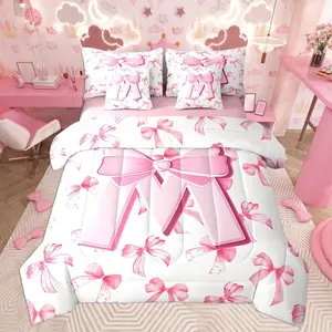 Kids Girls Cute Pink Bow Comforter Set with Sheets Monogrammed 7 Piece Bedding Set Personalized Initial M Bed in a Bag with Comforter,Sheets,Pillowcases Coquette Bow Modern Fashion