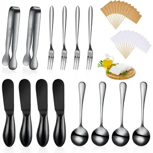 14 Pieces Charcuterie Board Accessories Cheese Spreader Knives Set Stainless Steel Charcuterie Utensils Spreader Knives Mini Serving Tongs Spoons and Forks for Cheese and Pastry Making (Black)