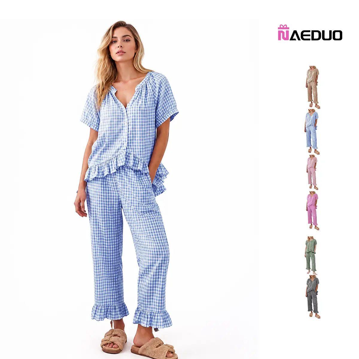Naeduo Womens Plaid 2 Piece Pajamas Sets Gingham Button Down Puff Sleeve Babydoll Shirt Ruffle Pants Y2K Pjs Lounge SpringStatements Set Soft Womenswear Nightwear