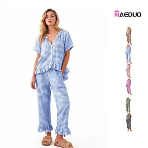 Naeduo Womens Plaid 2 Piece Pajamas Sets Gingham Button Down Puff Sleeve Babydoll Shirt Ruffle Pants Y2K Pjs Lounge SpringStatements Set Soft Womenswear Nightwear