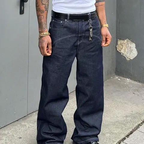 Men's Regular Fit Solid Color Double Line Design Straight Leg Jeans, Casual Comfy Denim Trousers for Daily Wear, Fashion Men's Bottoms for All Seasons Pants