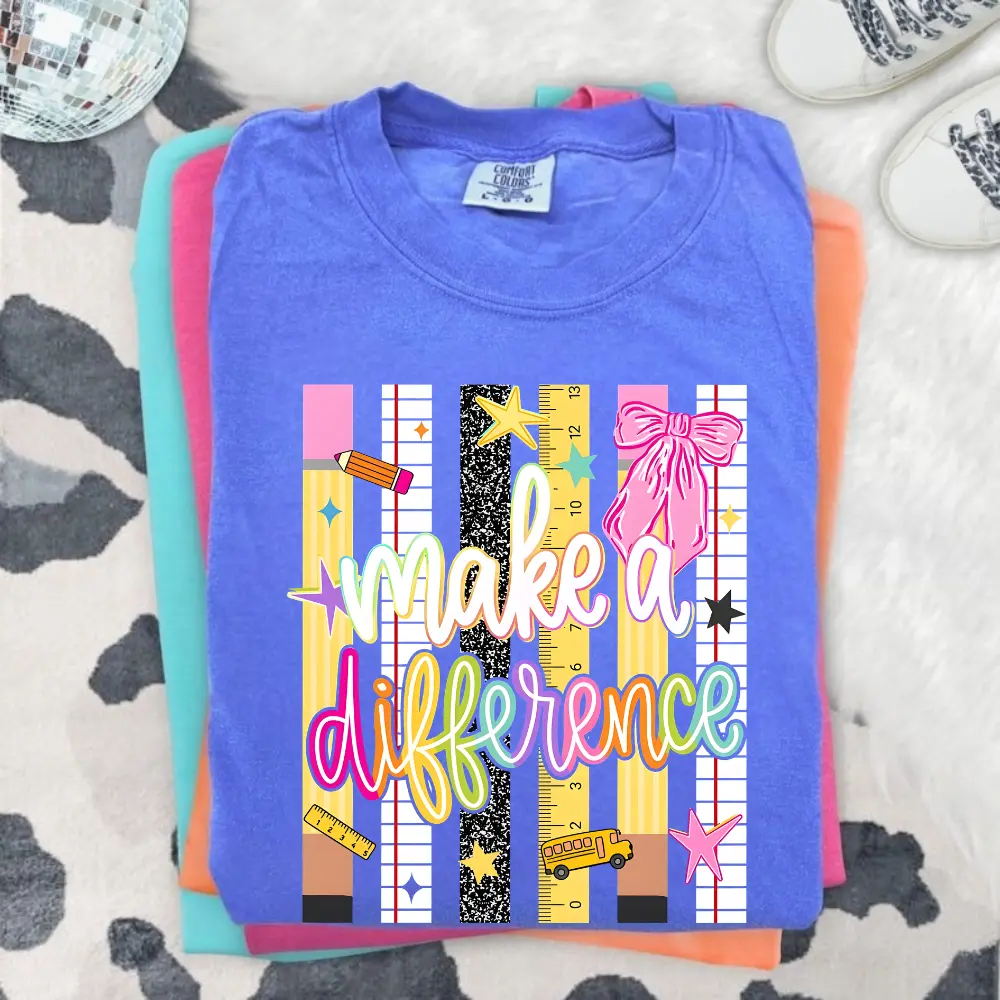 Comfort Colors  Striped Make A Difference Pencil Crayons T-shirt, Pre-k To Fourth Grade Teacher Shirt, School Girl, Colorful, Teacher Appreciation