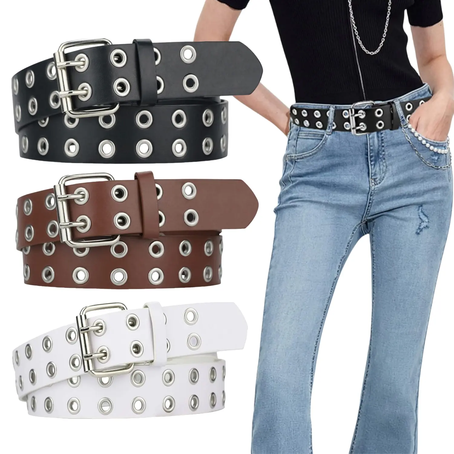 3-Pack Double Grommet Belts, Unisex Punk PU Leather with Rivets and Chain for Casual Dress and Jeans, Casual Dress Belt, 3-Pieces, Rivets Chains, 3Pcs, Belts For Women