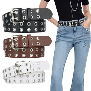 3 Pack Unisex Punk PU Leather Belts with Double Grommets & Rivets for Jeans Shorts Black White Brown Casual Outfit Accessories heavy duty belt