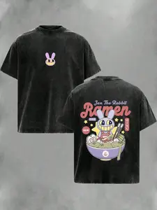 Retro Washed The Amazing Digital Circus Jax The Rabbit Ramen Graphic T-Shirt | Double-Sided Cute Jax Face & Ramen Bowl Print, Unisex Oversized Streetwear for Men & Women, Kawaii Cartoon Aesthetic