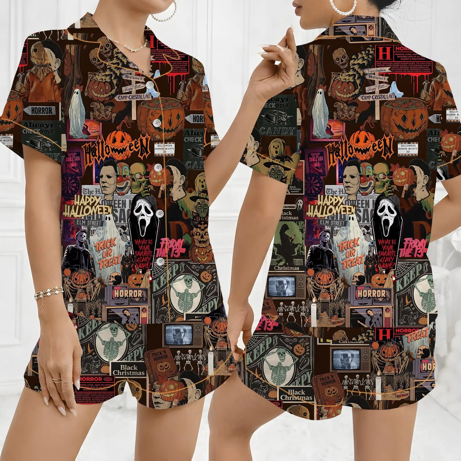 Horror Halloween Movie Character Pajama Set - Spooky Halloween Short Pajamas - Gothic Loungewear - Creepy Halloween Gift