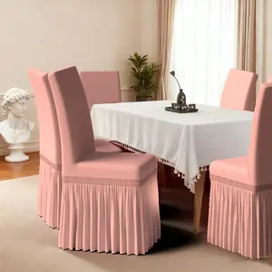 2D Flat polyester skirted dining chair cover (with skirt). Pure color, versatile and simple design. Nude pink elastic skirted chair cover. Suitable for family dining room / hotel / event venue / holiday gatherings. Easy to install and washable.