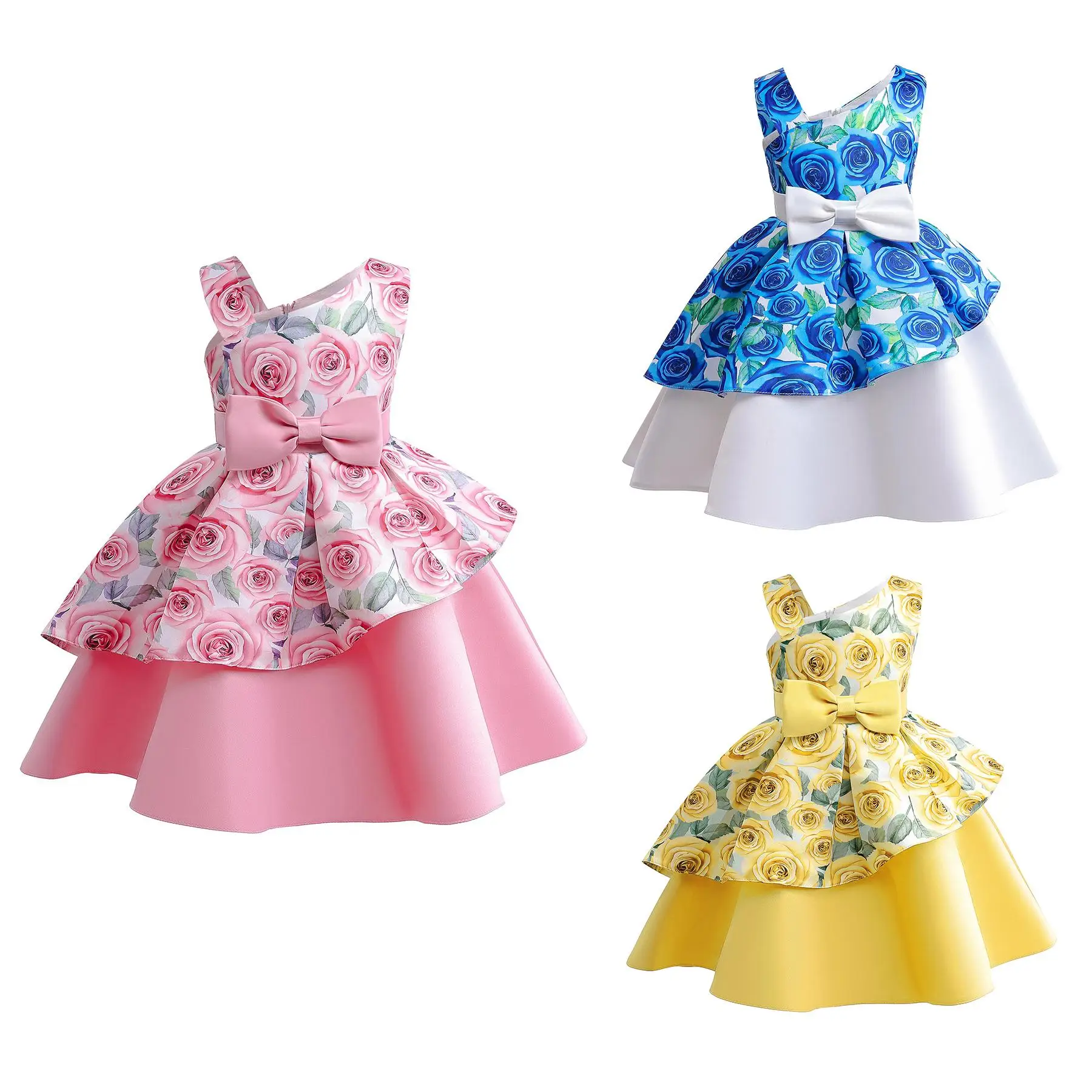 Princess Dress For Baby Girls Floral Bow Sloping Shoulder Summer Performance Dress One Piece Party Dress ZT-8576 Costume Cute Clothing girlclothes