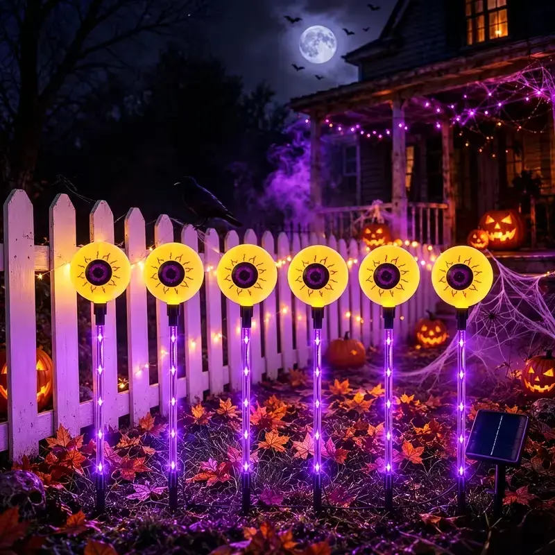 6-piece solar Halloween eyeball outdoor lights, purple LED ground stake path lights, 8 lighting modes, IP44 rainproof, suitable for lawns, gardens, and pathways—spooky yard decor