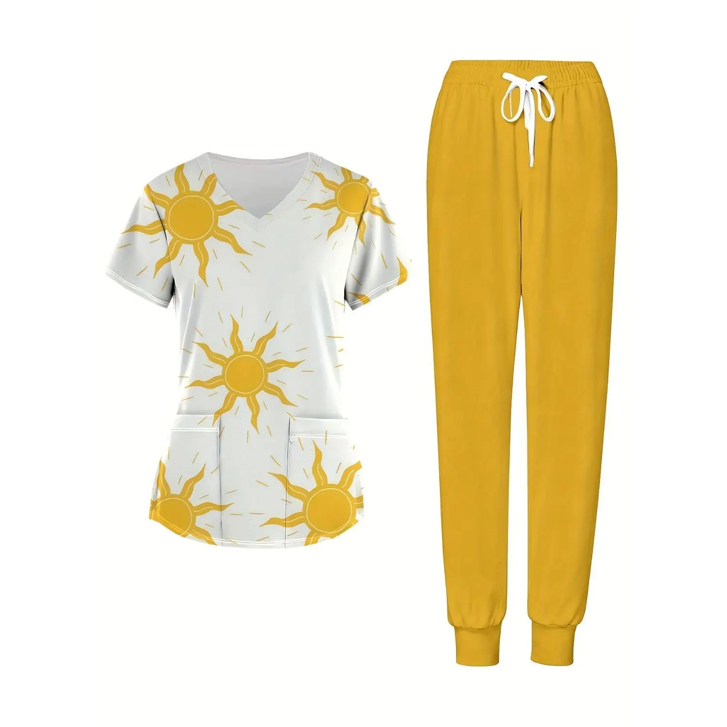 V-Neck Short-Sleeve Top and Jogger Pants Set, White & Yellow with 3D Print, Versatile Home, Leisure & Sportswear, 2-Piece Outfit for Teens, Ideal for Outdoors