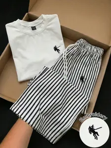 Women's Simple Fashion T-Shirt + Striped Straight-Leg Pants, Casual Style for Home, Hiking Camping, Travel