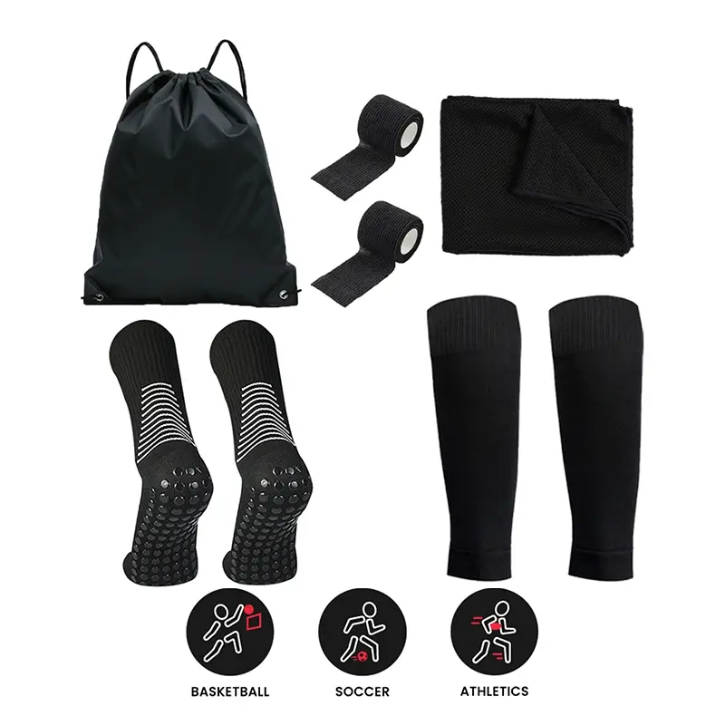 5-Piece Soccer Socks Set Outdoor Sports Fitness Training Kit, Football Accessories, Anti-Slip Football Socks, Soccer Grip Socks, Shin Guards, Storage Bag, Tape, Sweat Towel