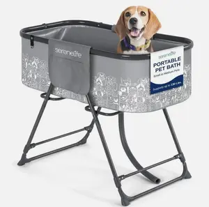 Serenelife Portable Dog Bath Tub w/ Two Side Pockets & Drain System Gray+Black Durable Elevated Grooming Tub for Small to Medium Dogs