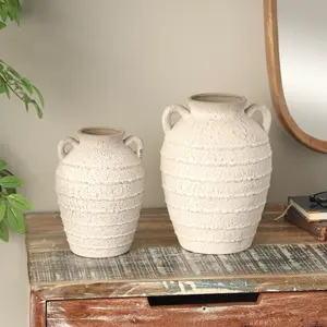 Set of 2 Cream Ceramic Textured Decorative Vase with Handles and Terracotta Accents