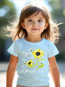 Toddler Girl's Sunflower & Bee Print Round Neck Tee, Floral Print Shirt, Cute Casual Letter Short Sleeve T-Shirt for Summer, Kids Clothes for Daily Wear