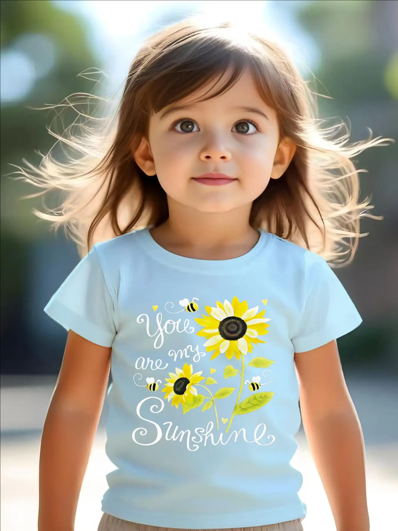 Toddler Girl's Sunflower & Bee Print Round Neck Tee, Cute Casual Letter Short Sleeve T-Shirt for Summer, Kids Clothes for Daily Wear
