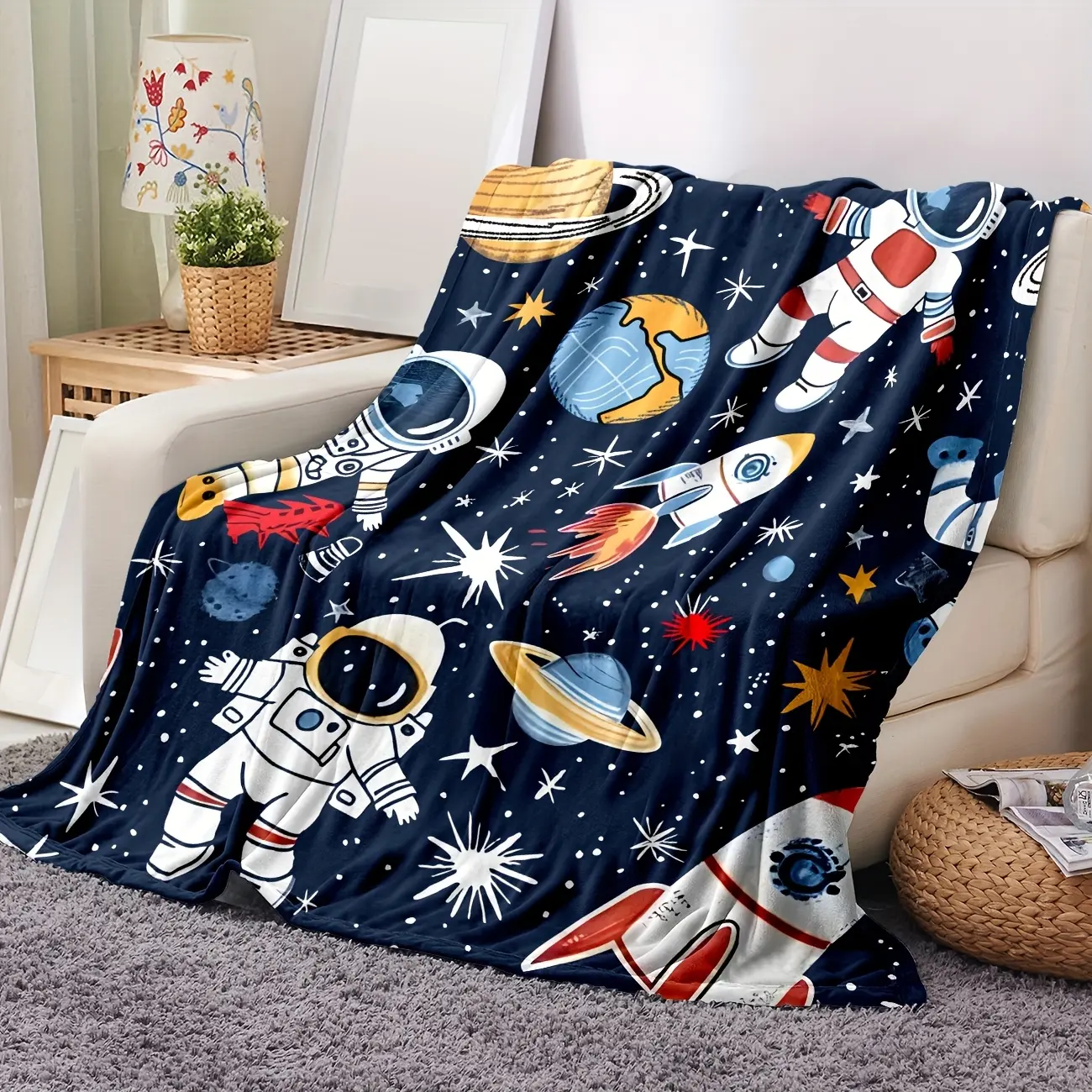 1pc Cozy Astronaut Blanket - Soft Flannel Fleece Space-Themed Bedspread with Planets & Rockets, Lightweight All-Season Throw Suitable for Bed, Sofa, Travel, Camping, & Room Decor
