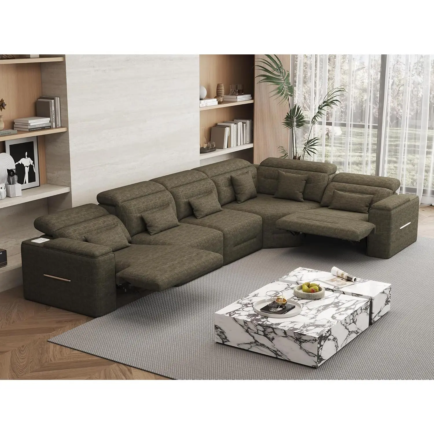 Power Recliner Sofa Set - Reclining Sectional Couch for Living Room with Adjustable Headrest, Bluetooth Speaker, Storage Console & USB Charging Ports, Wireless Charging (Green)