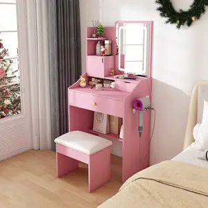 Mermaid Vanity Desk with 3-Color LED Mirror & Cushioned Stool, Pink Bedroom Dressing Table, 2 Drawers + 5 Storage Cabinets (4 Open + 1 Hidden), Adjustable Light Makeup Vanity Table for Girls Women Bedroom Decor
