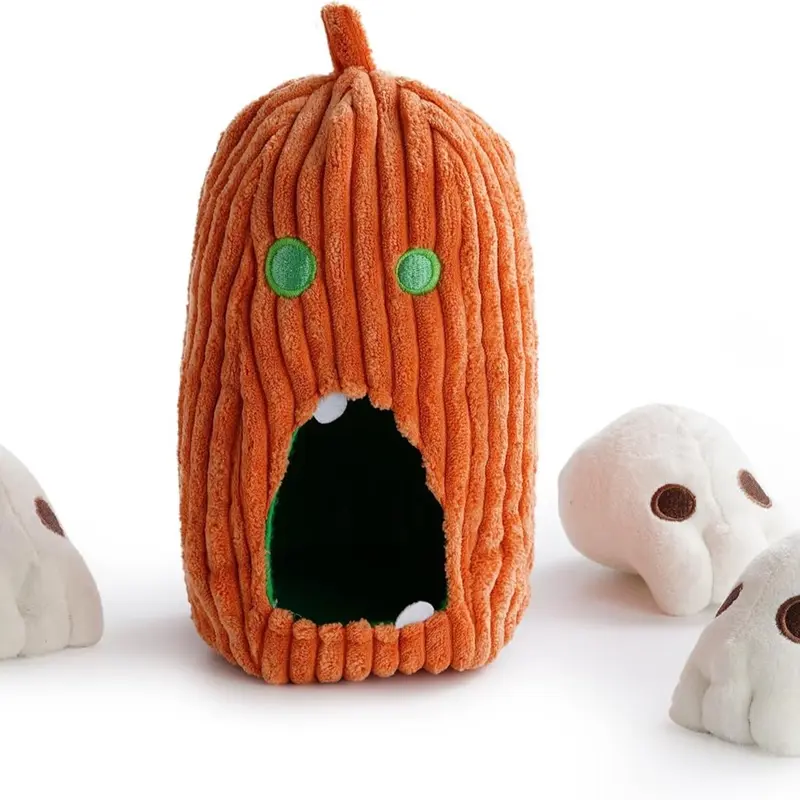 Nocciola Durable Plush Interactive Chew Dog Toys 4-Pack - Universal Spooky Pumpkin Burrow, 3 Chews Squeak Skulls, Crinkle Paper Hide and Seek, Halloween Fruit Cartoon Design, High-Quality Cotton Blend Gift for Gentle Chewers
