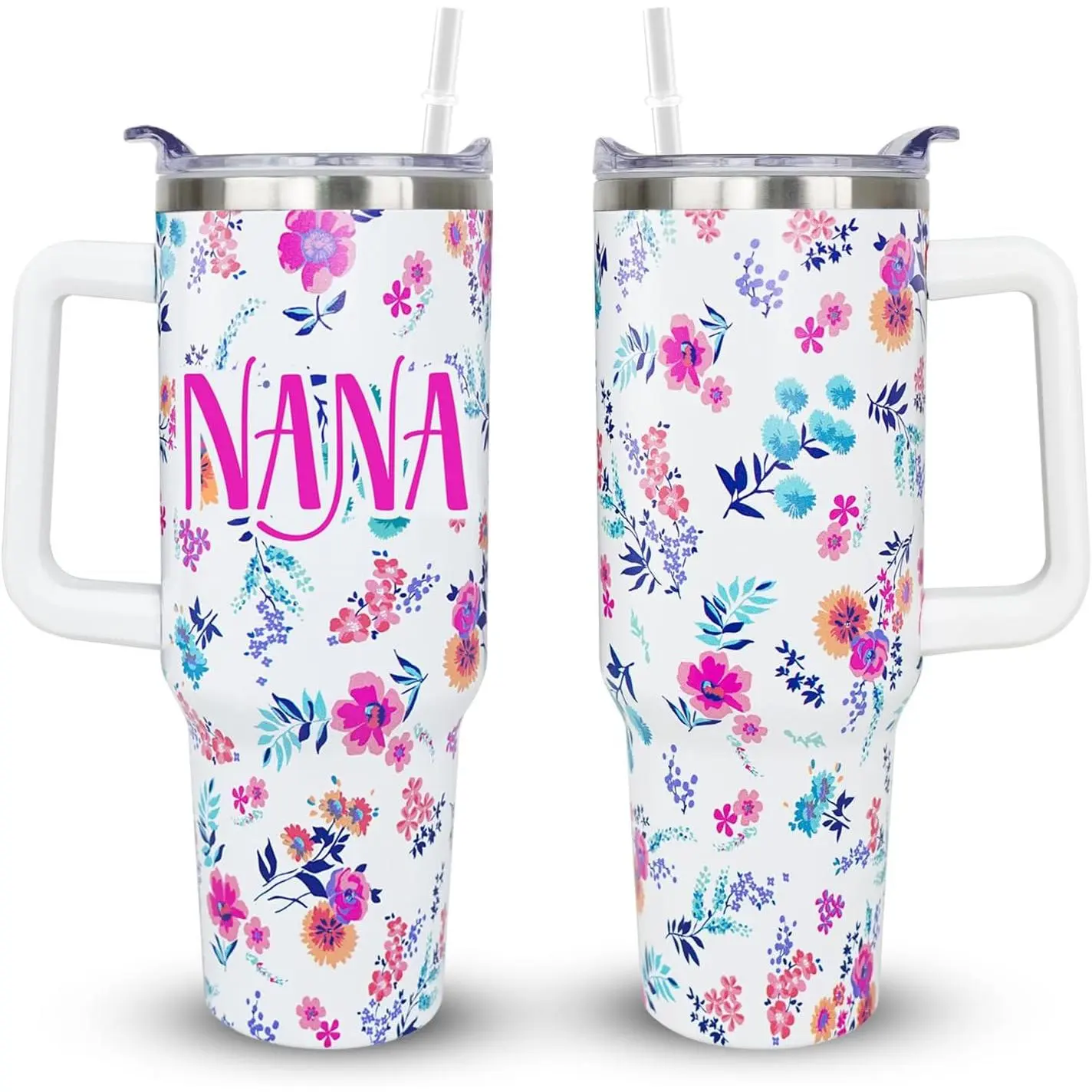 40 oz Stainless Steel Insulated Reusable Nana Cup Tumbler Mug - Plastic-Free, Portable Tumbler Drinkware with Handle, Lid, Straw - Non-Toxic, Tasteless, Travel-Friendly Water Bottle Gift for Nana (Mother's Day), Insulated Tumbler Mug