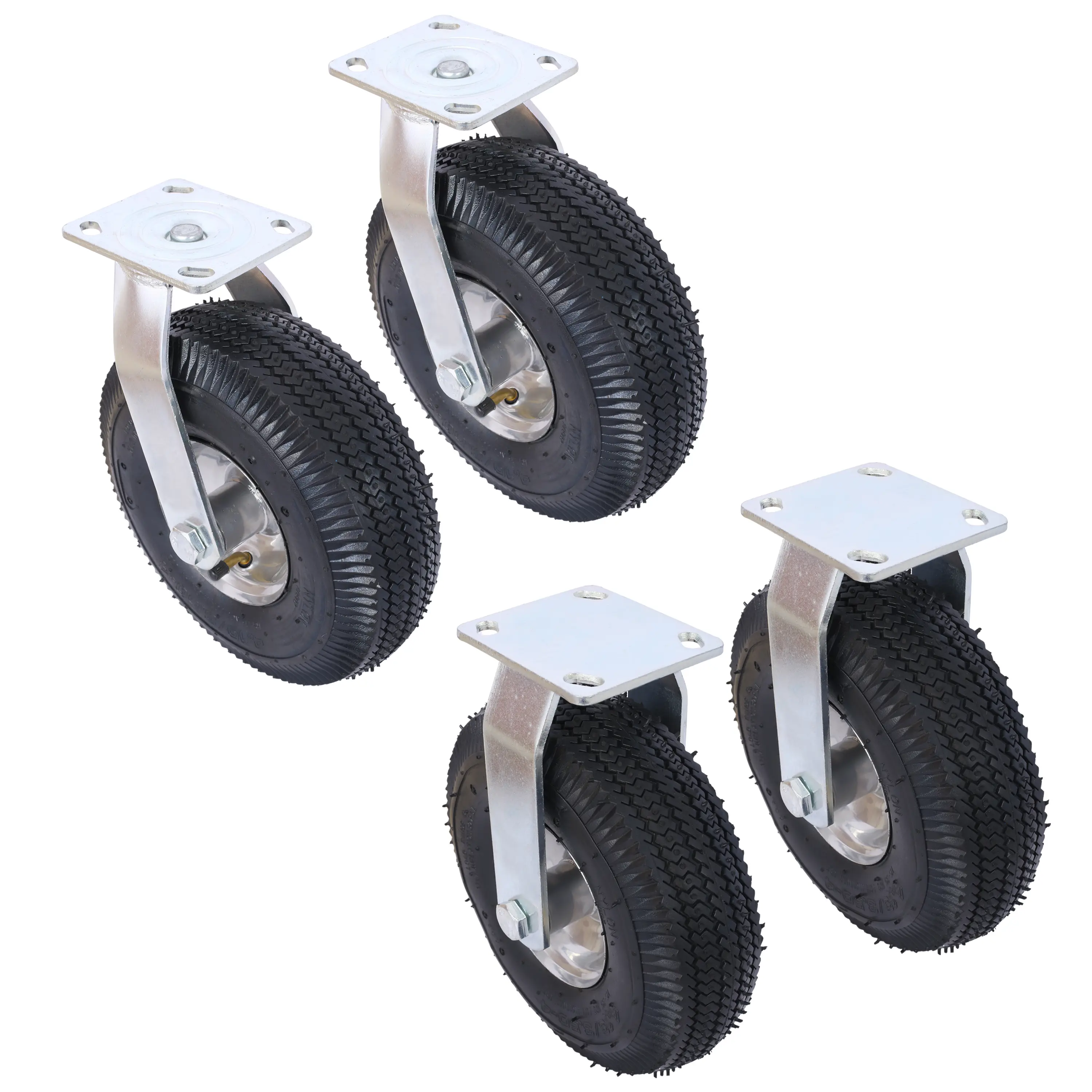 4PCS Pneumatic Caster Wheels - 10-in Diameter, 2 Swivel with Rotating Plate, 2 Rigid, Steel Hubs with Ball Bearings, 5/8-in Centered Bore Axle, Black, Shock Absorbent, Ribbed Tread, Indoor Use, 300 Lbs High Load Capacity, Enhanced Traction, Casters