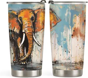 20oz Elephant Gifts for Elephant Lovers, Elephant Coffee Cup, Funny Cool Colorful Painting Elephant Tumbler Cup, Stainless Steel Coffee Thermos Insulated Travel Mug with Lid - L