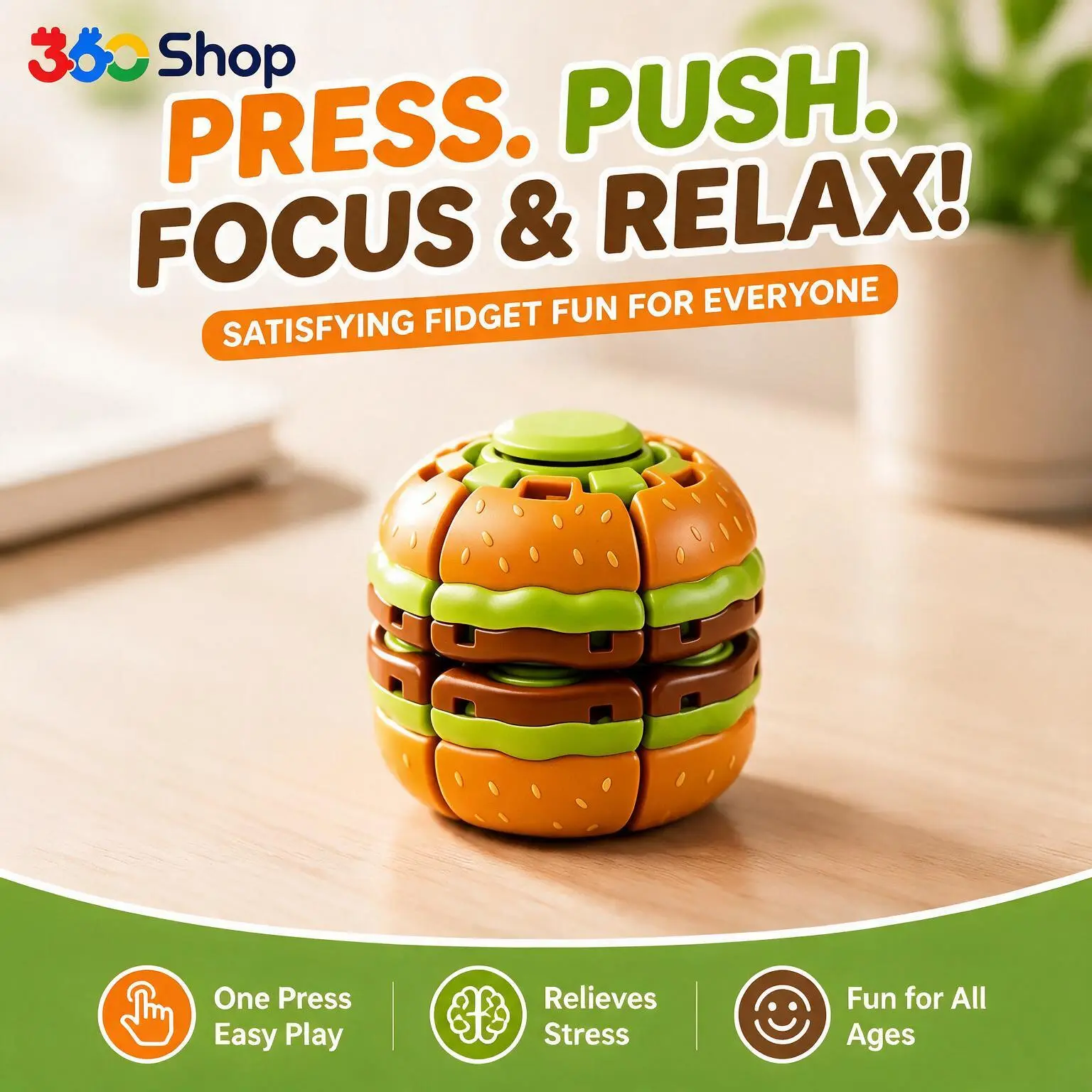 360shop Press-to-Spin Transforming Burger Fidget Spinner, High-Speed Rotating Sensory Desk Toy, ADHD Anxiety Relief Gadget for Kids & Adults Stress Relief Accessory Desk Fidget Tool