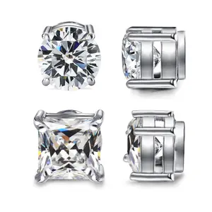 Stainless Steel Magnetic Stud Earrings 2 Pairs for Men & Women Non-Piercing Hypoallergenic 5-8MM Magnet Clips with Inlay Round CZ Stone 8PCS