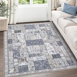 【GARVEE】9x12 Area Rug Washable Living Room Rug, Large Vinitage Soft Boho Rugs Non Slip Grey Patchwork Indoor Floor Carpet for Kitchen Dining Room Home Office