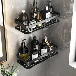 Aluminum Shower Basket with Hooks and Rods, Adhesive Wall Mount Rust-Resistant Bathroom Kitchen Organizer, Shower Caddy, No Drilling Required, Bathroom Accessory