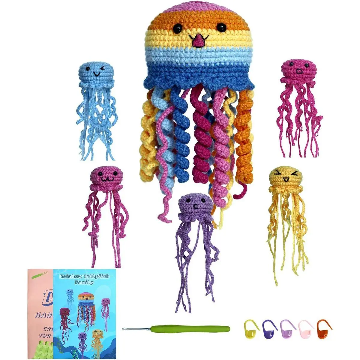 Crochet Kit for Beginners 6PCS Crochet Animals Jellyfish Family with Step-by-Step Video Tutorials 30% Extra Yarn, Perfect for Gifts, Emotional Support, Ideal Knitting Kit for Adults, Kids