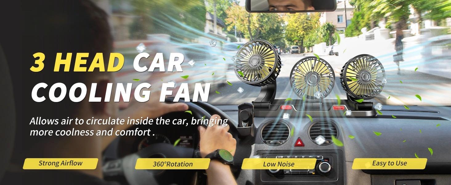 DIBMS Portable Three-Blade Car Cooling Fan—2-speed settings, 360° rotation, easy installation, USB-powered, powerful airflow, suitable for a wide range of vehicles including sedans, RVs, and SUVs