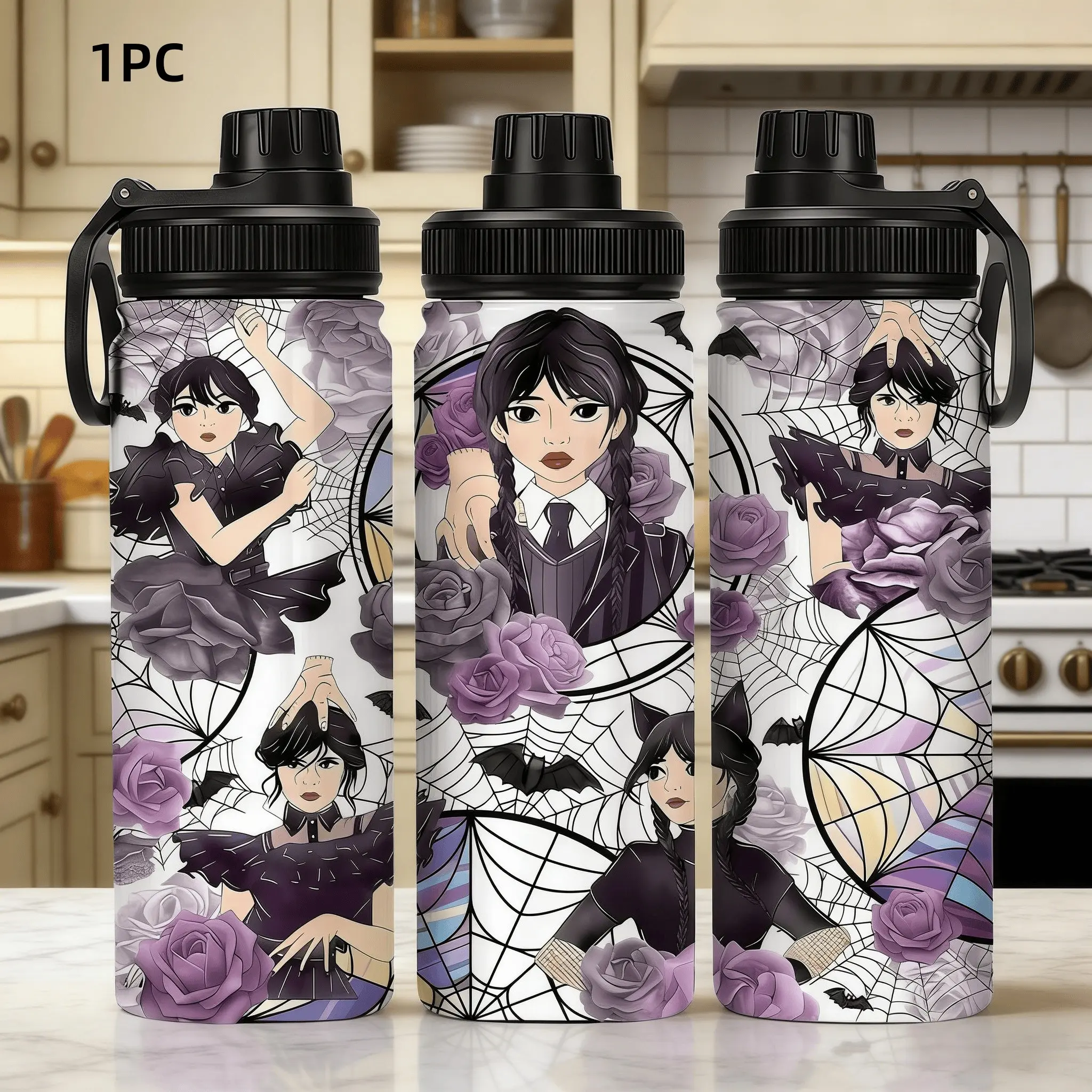 1pc 20oz Stainless Steel Insulated Tumbler, Insulated Coffee Tumbler – Wednesday Addams-Themed: Purple Roses & Spiderweb Gothic Style Portable Sports Cup. Features Carry Handle and Leak-Proof Lid; Ideal for Fitness. Gift for Birthdays & Holidays