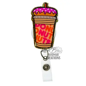 Iced Coffee & Donut Badge Reel, Retractable ID Holder with Cute Coffee Cup & Donut Design, Fun Nurse Badge Clip, Teacher Lanyard, Office Accessory, Gift for Coffee Lovers, Coworkers & Staff