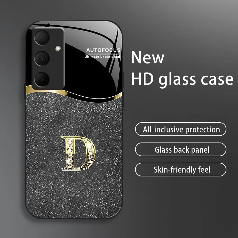 Galaxy A35 Smartphone Casing - High-End Flashing Letter Glass Case, Business-Style Metal Paint Electroplated Cover, Affordable Anti-Fall, Anti-Fingerprint Handheld Cellphone Devices Accessory