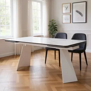 HomeRoots 555195 29.5 x 63 x 35.39 in. White Ceramic & Metal Self-Storing Leaf Pedestal Base Extendable Dining Table