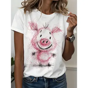 Hand-Painted Pig Print T-Shirt - Cute Graffiti Pig Design, Soft Imitation Fabric, Casual Artistic Top Suitable for Daily Casual Wear - Machine Washable Comfortable Wearable Art Piece