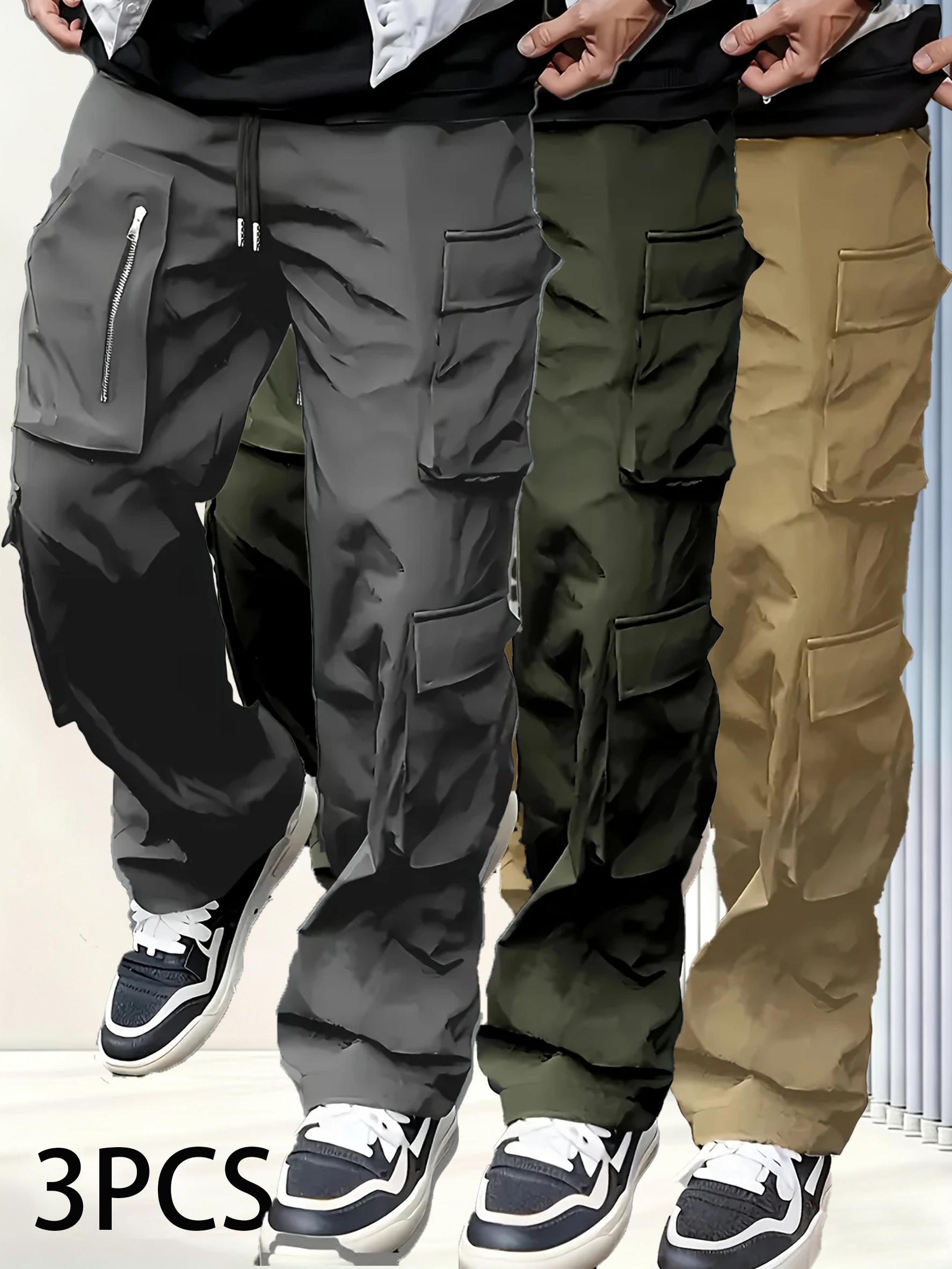 3-Pack Men's Casual Cargo Pants Zipper Detail Multi-Pocket Durable Work Trousers