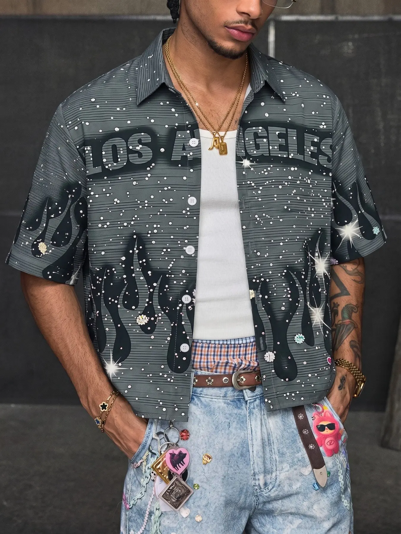🔥Los Angeles Flame Sequin Short Button-Up Shirt | Y2K streetwear featuring sparkling rhinestones and star patterns, a popular TikTok trendy casual top for Generation Z, perfectly matching grunge rock and hip-hop aesthetic styles!