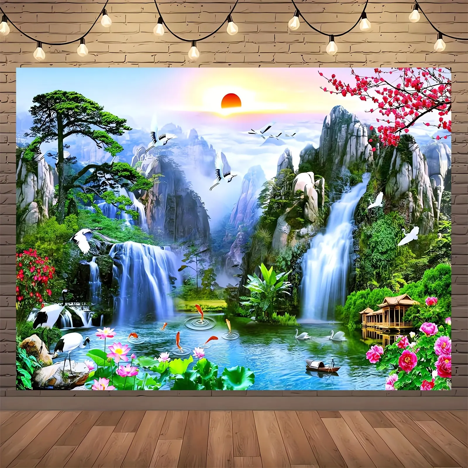 1pc, 51*59inch/70.8*90.5inch, Fabric Fairyland Mountain Lake Photography Backdrop Waterfalls Swans Fish Flowers Dreamy Natural Landscape Painting Background Wall Murals Home Decor  Adults Portrait Photoshoot Motivational Cotton Room Flag