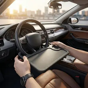 2-In-1 Car Steering Wheel Tray Table, Desktop Organizer with Laptop Holder and Cup Rack, Durable Abs Material, Fits Cars, Trucks, Suvs