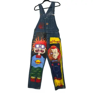 Double Trouble Custom Overalls - 90s Inspired Hand-Painted Denim with Acrylic Paint & Fabric Mediums - Large Size- Wearable Art