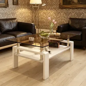 Modern double-layer glass coffee table, sofa side table, coffee table, living room/office double-layer storage rack, multi-purpose, easy to clean surface, easy to assemble